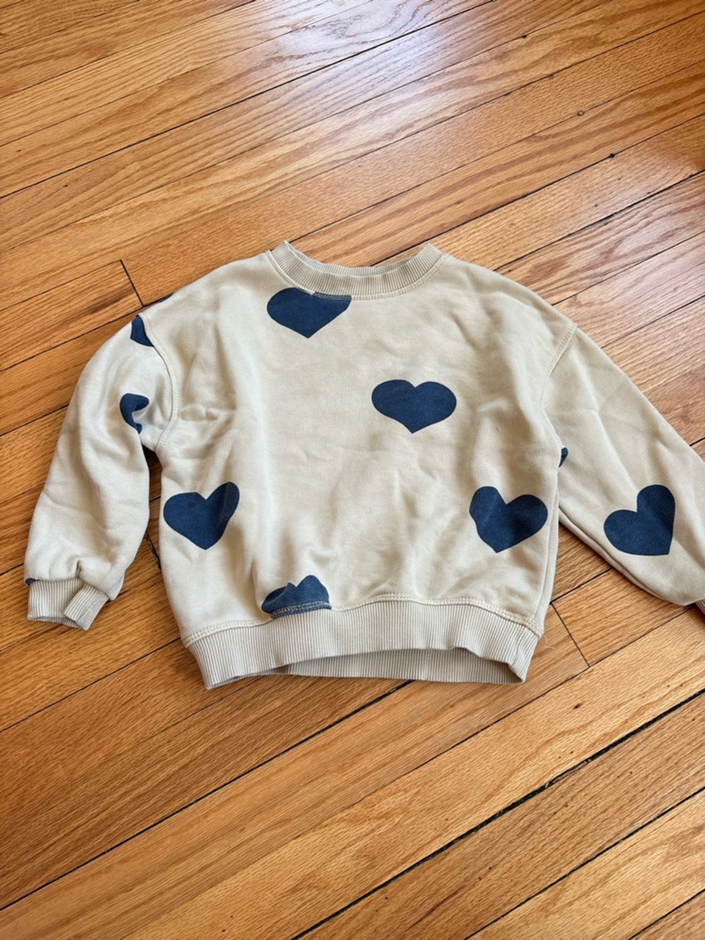 Zara Kids Beige Sweatshirt with Navy Heart Accents Size 4